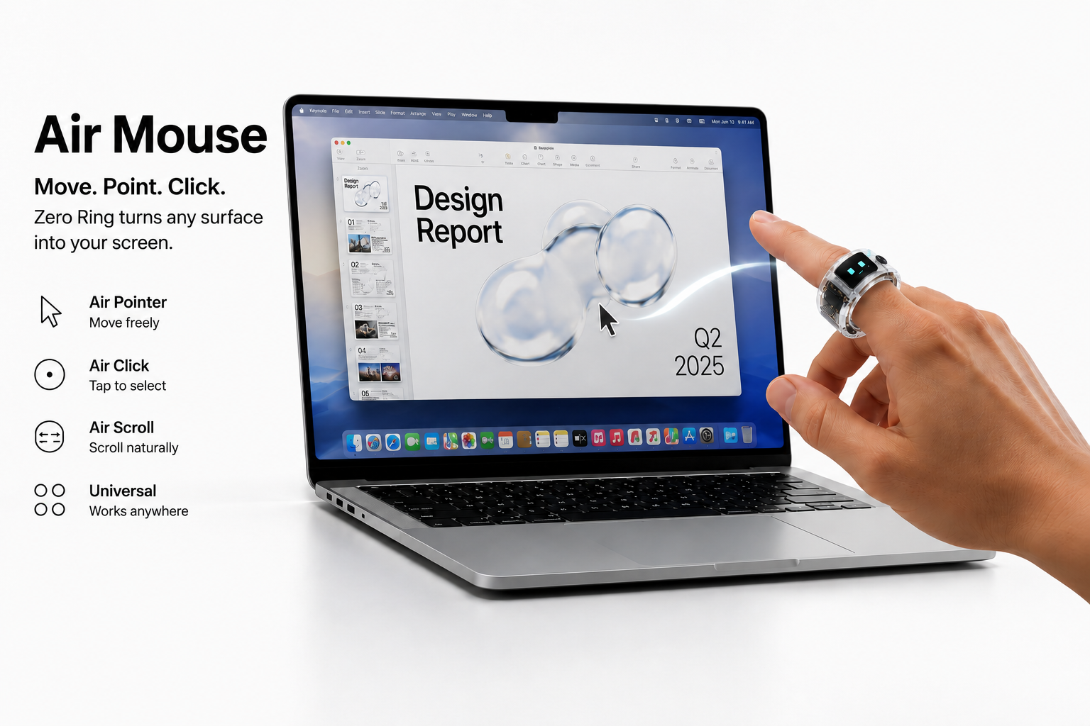 Hand wearing Zero Ring pointing at a MacBook with a glowing cursor trail