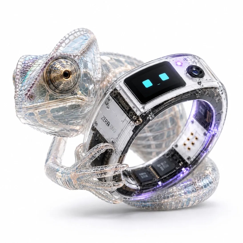 Zero Ring — AI-powered smart ring featured with a transparent mechanical chameleon