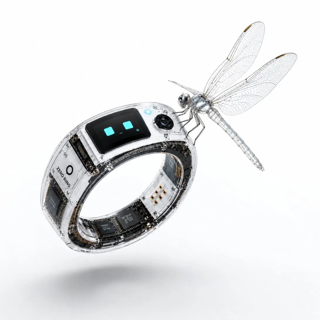 Zero Ring — AI-powered smart ring with transparent body, OLED display, and camera, featured with a mechanical dragonfly